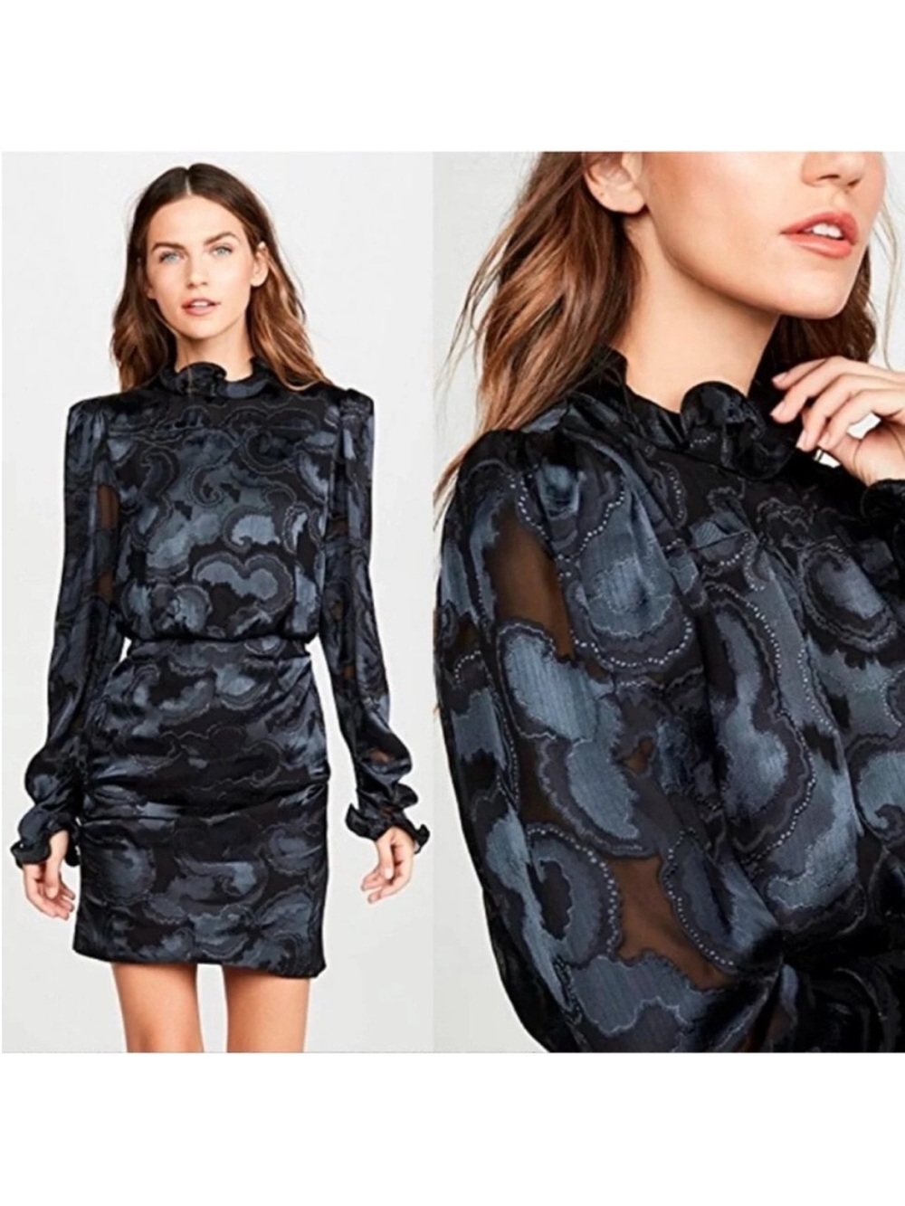 SALONI dark navy Long-Sleeve Ruffle-Neck Mini Dress